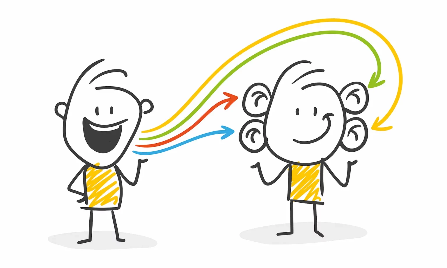 Kommunikative Illustration: Zwei gezeichnete Männchen, eins spricht mit vier Sprachlinien, anderes Männchen mit 4 Ohren.