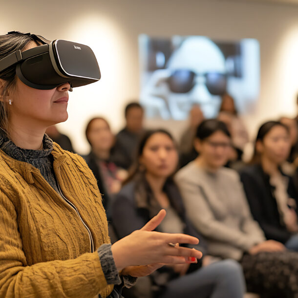 Ein Bild einer Frau mit VR Brille in einem Vortragsraum.