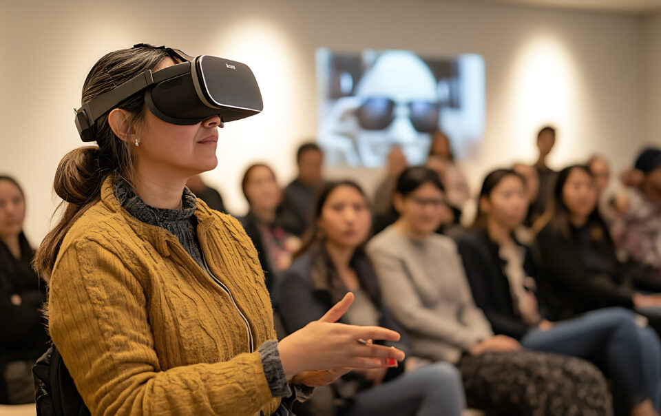 Ein Bild einer Frau mit VR Brille in einem Vortragsraum.