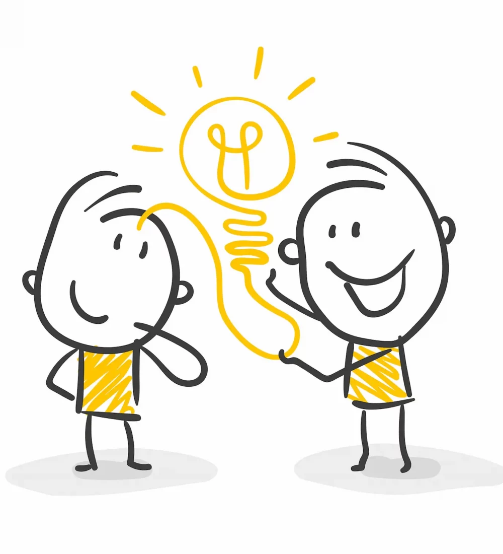 Kommunikative Illustration: Zwei gezeichnete Männchen, einer zieht gelben Faden, formt Glühbirne aus Kopf.